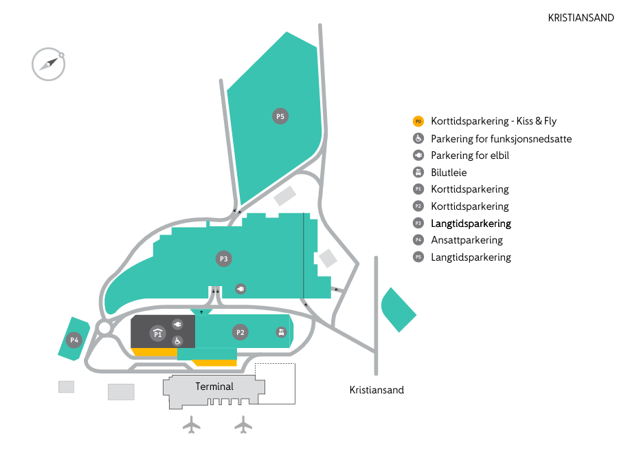 kart over parkeringsområdene på kristiansand lufthavn