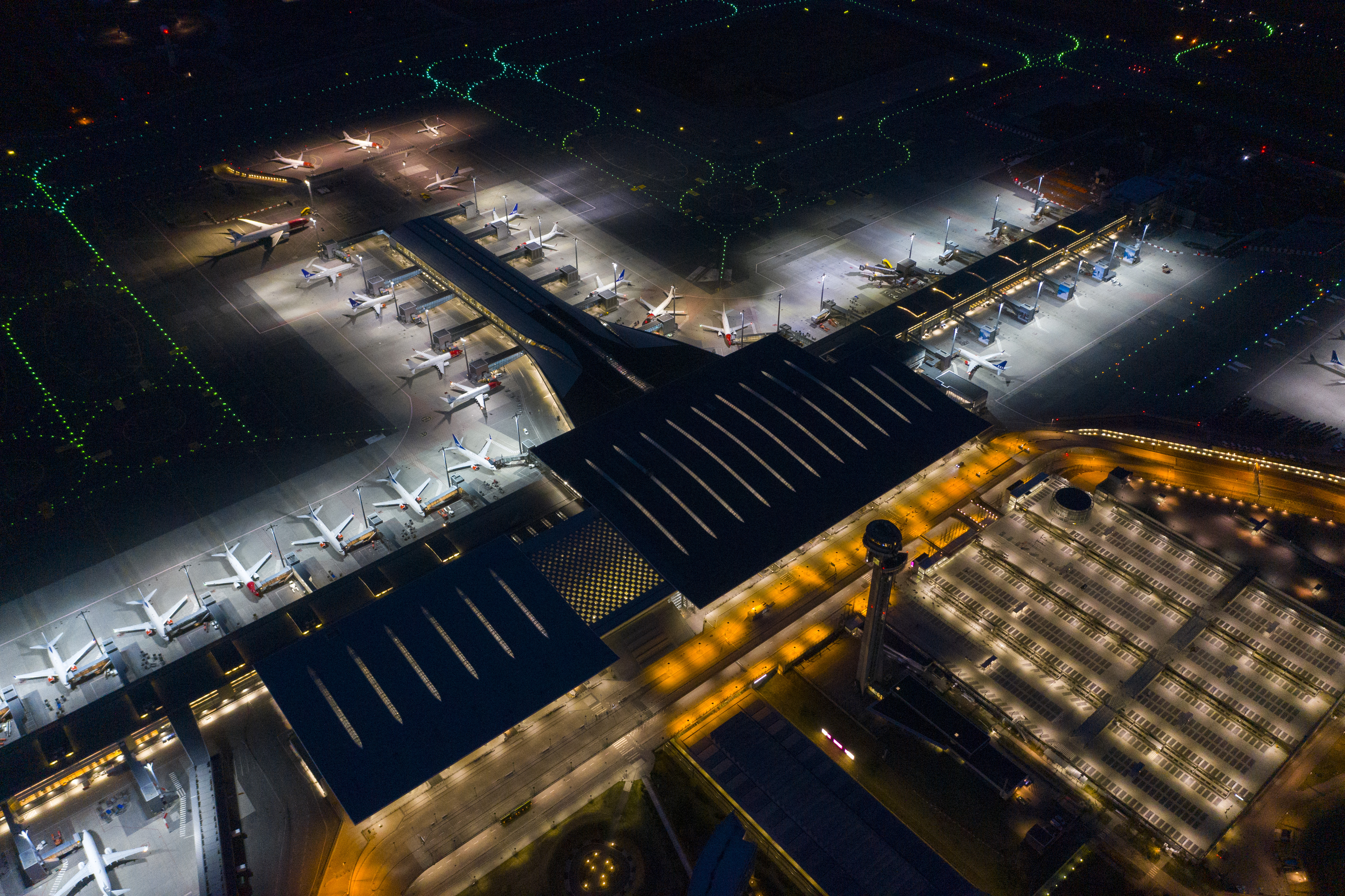 Terminal at Oslo airport by night