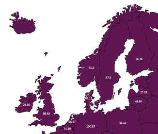 The map provides an overview of unit rates for 2015 flying in the airspace of Norway (€51,4), Sweden (€67,5), Finland (€56,26), Denmark (€63,13), United Kingdom (€88,64), Ireland (€29,91), Netherlands (€66,57), Germany (€100,83), Polen (€34,42), Lithuania (€46,84), Lativa (€27,58) and Belgium-Luxemburg (€71,59)