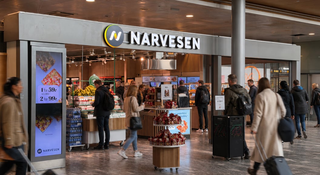 The Kiosk Narvesen located in an indoor shopping area, featuring a selection of food, drinks, snacks, and magazines for sale
