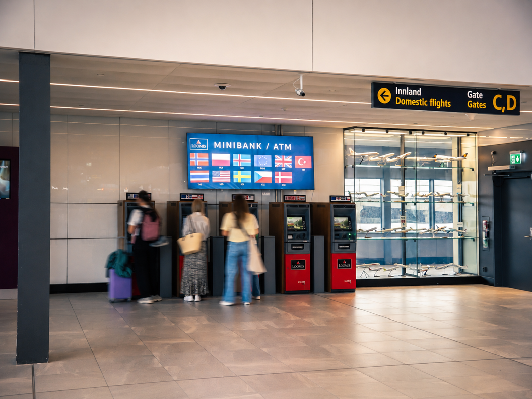 Minibank og minibanker ved innlandsgate i flyplass med reisende og skilt for Gate C og D