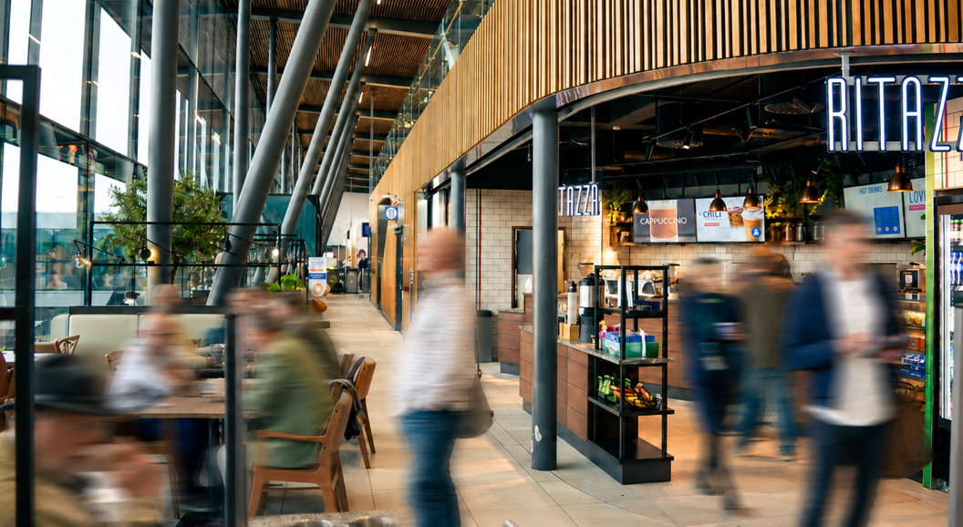 Iskaffe i et klart glasskrus fylt med isbiter, på en trebordbrikke, omgitt av spredte kaffebønner og en treskje på en hvit overflate