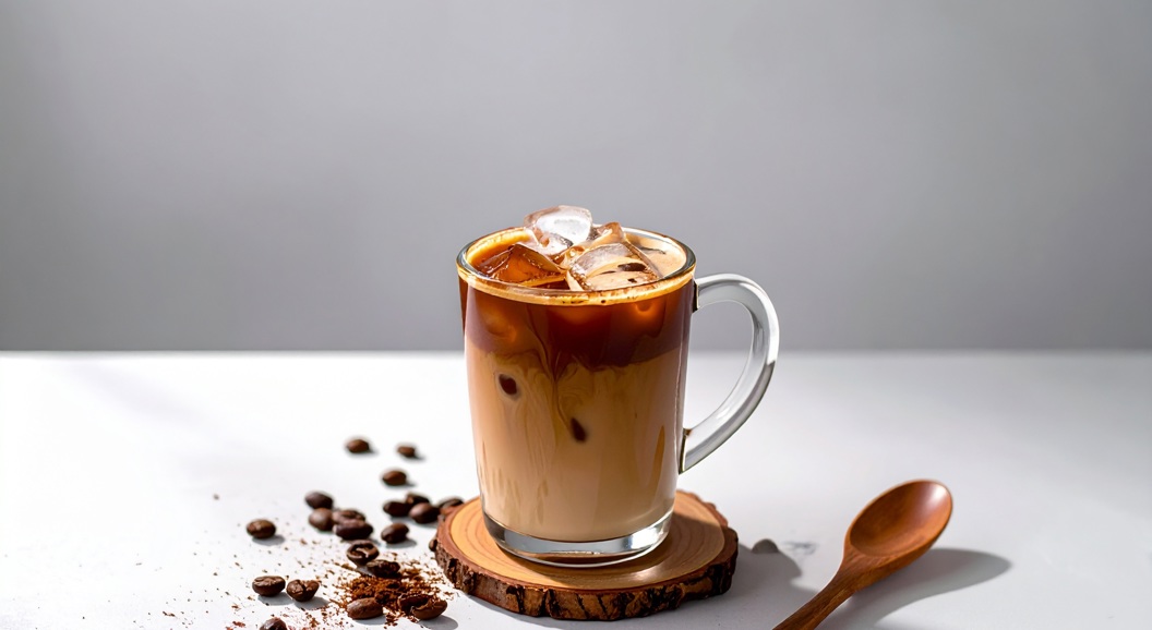 Iced coffee in a clear glass mug filled with ice cubes, on a wooden coaster, surrounded by scattered coffee beans and a wooden spoon on a white surface