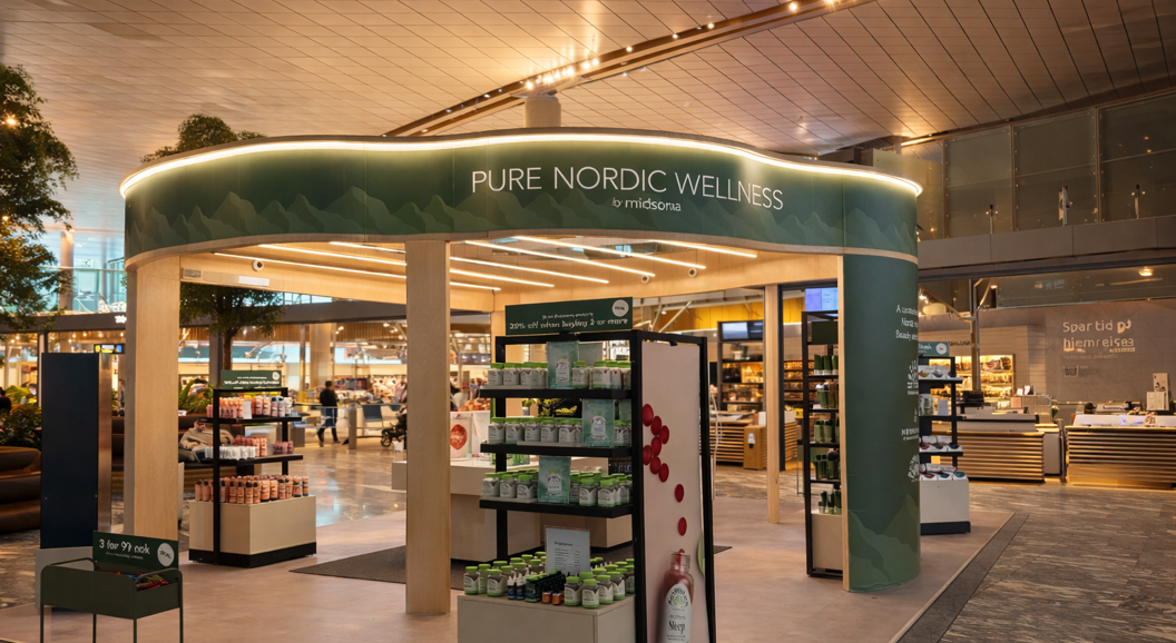 Front façade image of the Midsona pop-up with products displayed in the foreground.