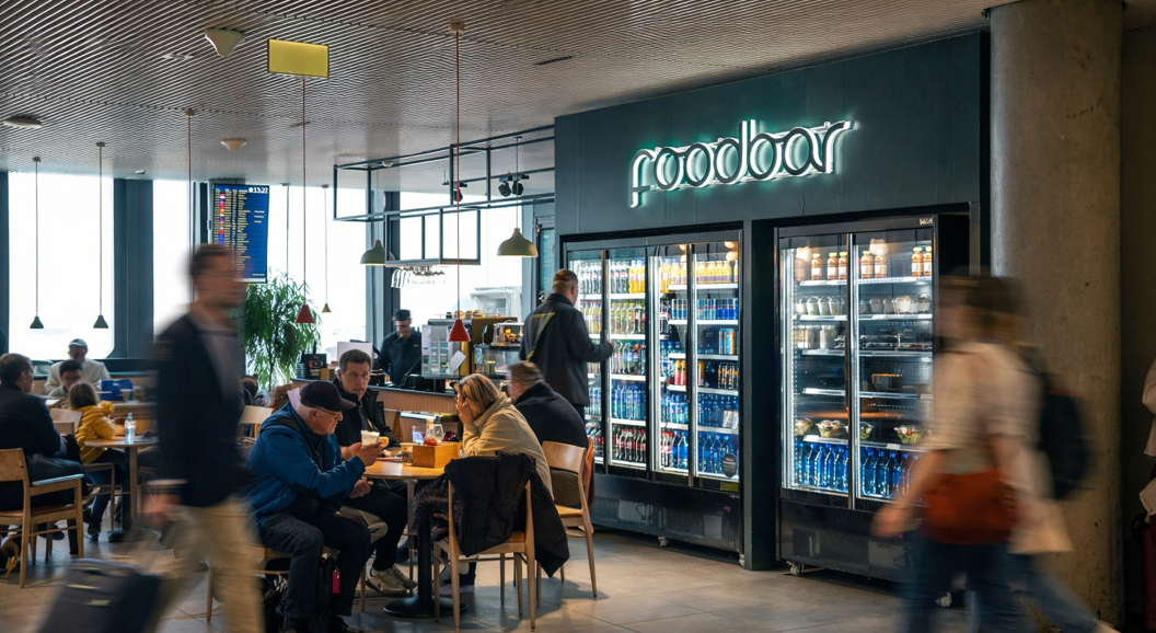 Fresh mixed salad with cherry tomatoes, croutons, and greens on a wooden board, accompanied by a small dressing cup, glass of water, and bottled water in a well-lit dining setting
