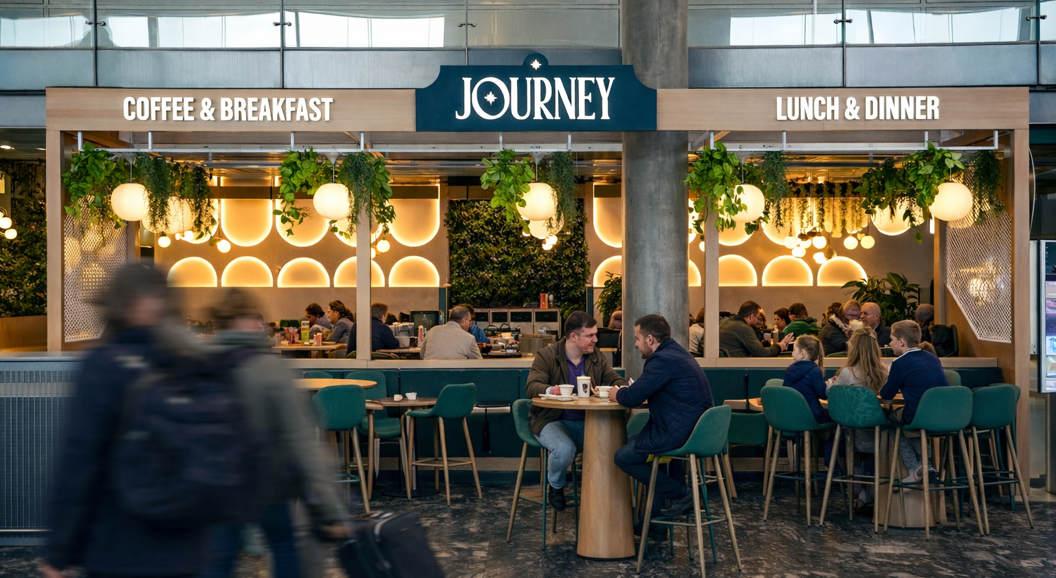 Modern café and dining area with stylish seating, greenery, and ambient lighting, featuring sections for coffee and breakfast, as well as lunch and dinner