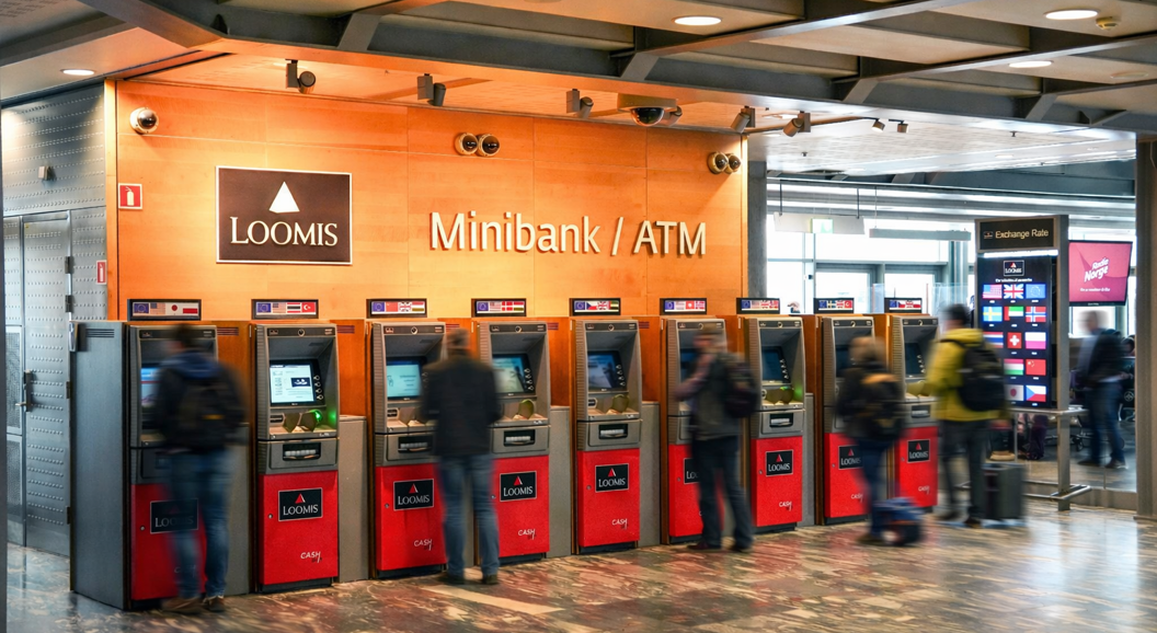 A person using a foreign currency ATM at an airport, with multiple currency options displayed on a screen nearby, indicating international travel and financial transactions