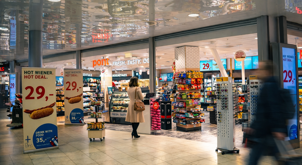 Storefront sign with bold red letters reading "Point" and white letters stating "Fresh. Tasty. Go." in a modern design, highlighting food and convenience