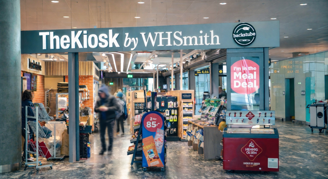 Modern WHSmith kiosk in an airport offering convenience items, snacks, and beverages under vibrant lighting