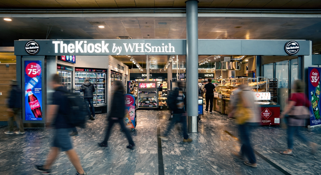 The Kiosk by WHSmith located in an indoor shopping area, featuring a selection of food, drinks, snacks, and magazines for sale