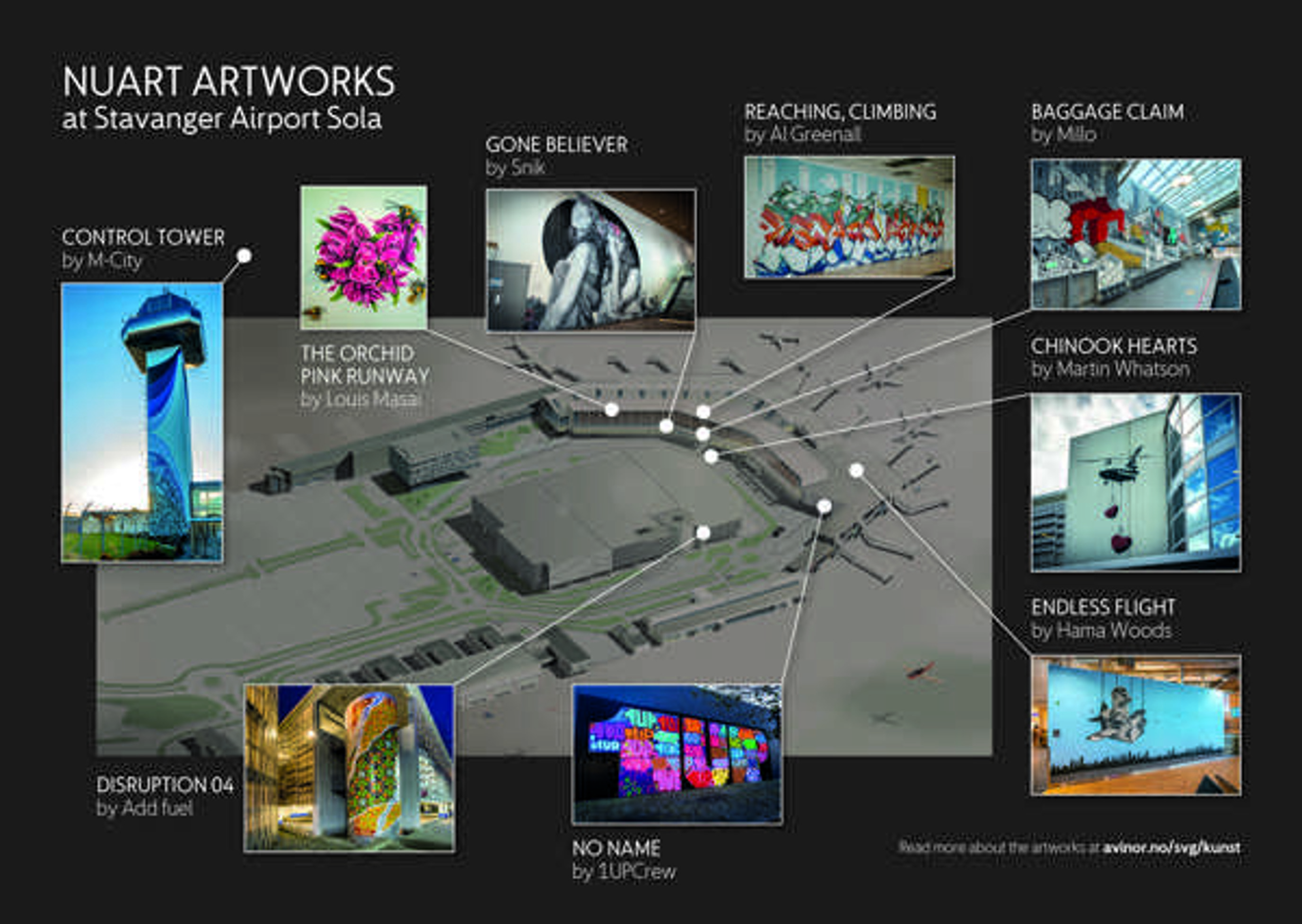 kart over hvor alle kunstverkene på stavanger lufthavn befinner seg'