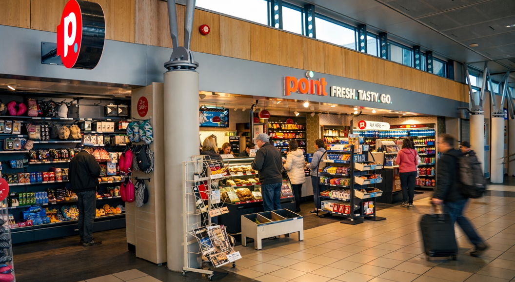 Snacksutstilling i en dagligvarebutikk med ulike innpakkede godteri og sjokolade, med reklameskilt og en drikkekjøler i den uskarpe bakgrunnen