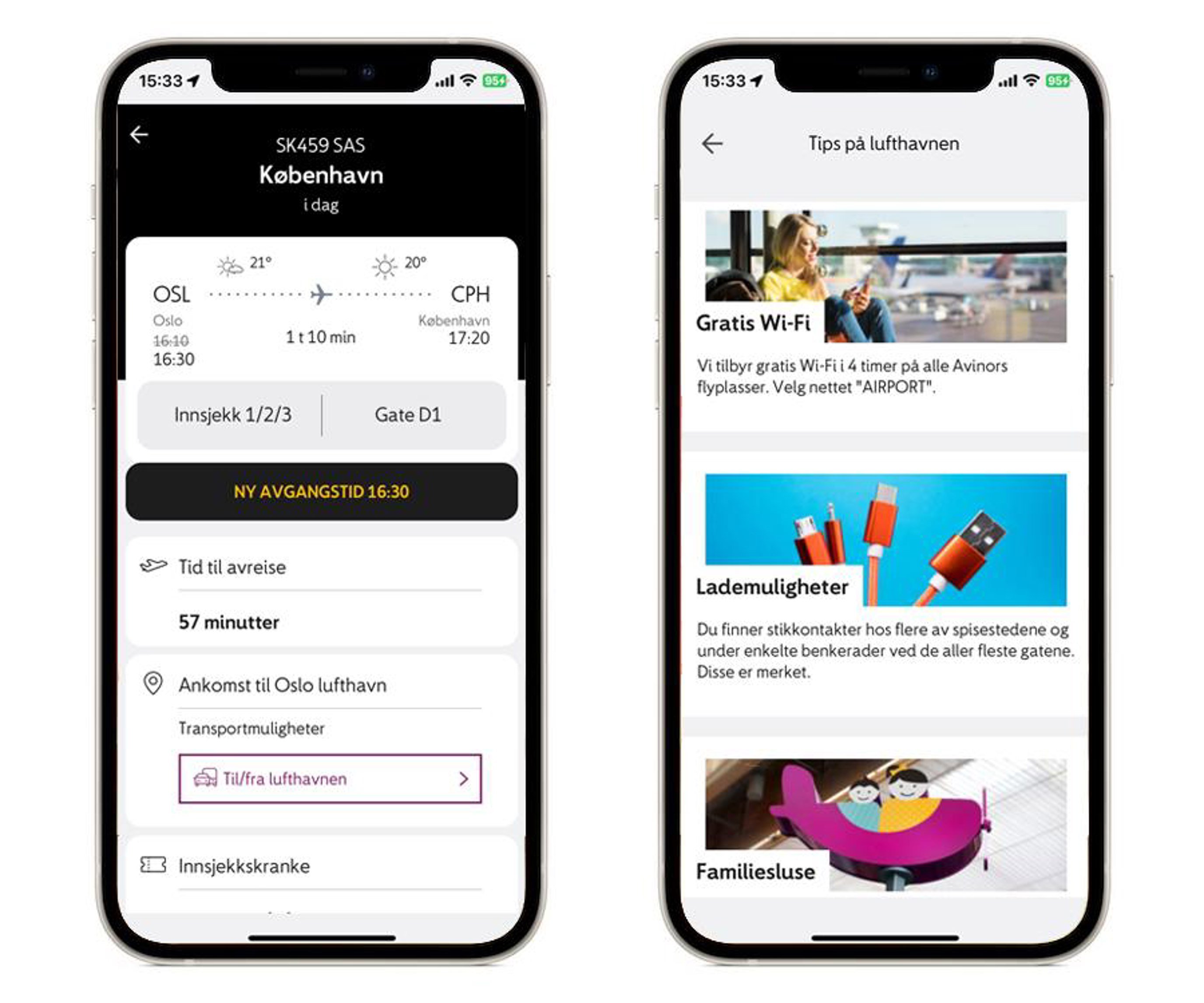 Bilde av to mobiltelefoner med innhold fra Avinor sin app inni.