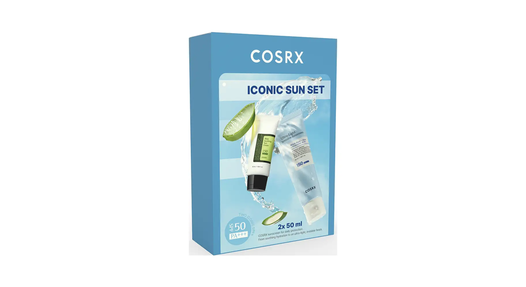 Bilde av COSRXs Sun Care Set - boksen er blå med bilde av ulike solkremer på.