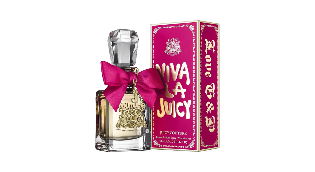 Bilde Juicy Couture Viva la Juicy Eau de Parfum 50 ml, flasken har en rosa sløyfe på seg, pakningen er rosa.