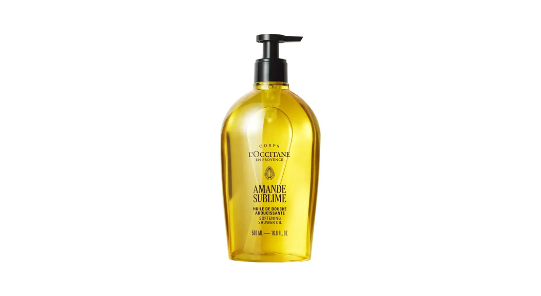 Bilde av L'Occitane Almond Shower Oil, en luksuriøs flaske med svart tekst og svart pumpe.